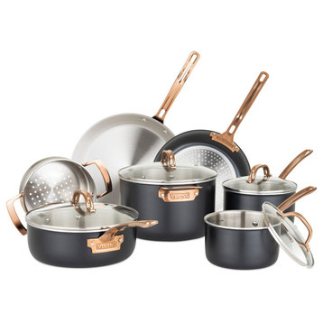 3-Ply 11-Piece Cookware Set, Black With Copper PVD Handle