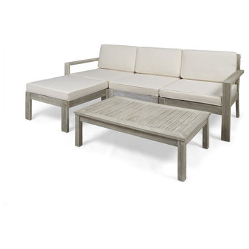 Isabella Ana Outdoor 3-Seater Acacia Wood Sofa With Cushions, Cream