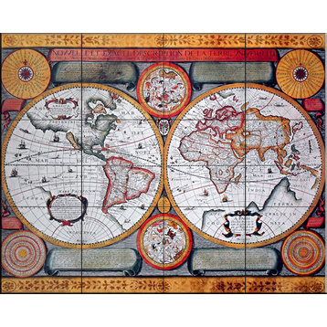 Tile Mural, Antique Map Terre Universelle 1594 by Petro Plancia