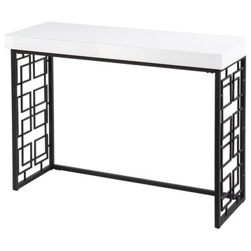 Modern Console Table, Interlocking Squares Side Panels & Glass Top, Black/White