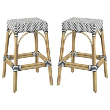 Home Square Rattan Backless Barstool in White and Navy - Set of 2