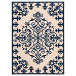 Nourison - Aloha Modern Trellis Medallion Indoor Outdoor Patio Rug, Navy, 8'x11' - A pretty and playful pattern of scrolling vines really turns on the charm when presented in navy-blue and beige. This high-low textured indoor/outdoor rug will bring fresh and fabulous flair to your patio, porch, or deck. Machine made of polypropylene for easy cleaning: simply hose-rinse and air dry.