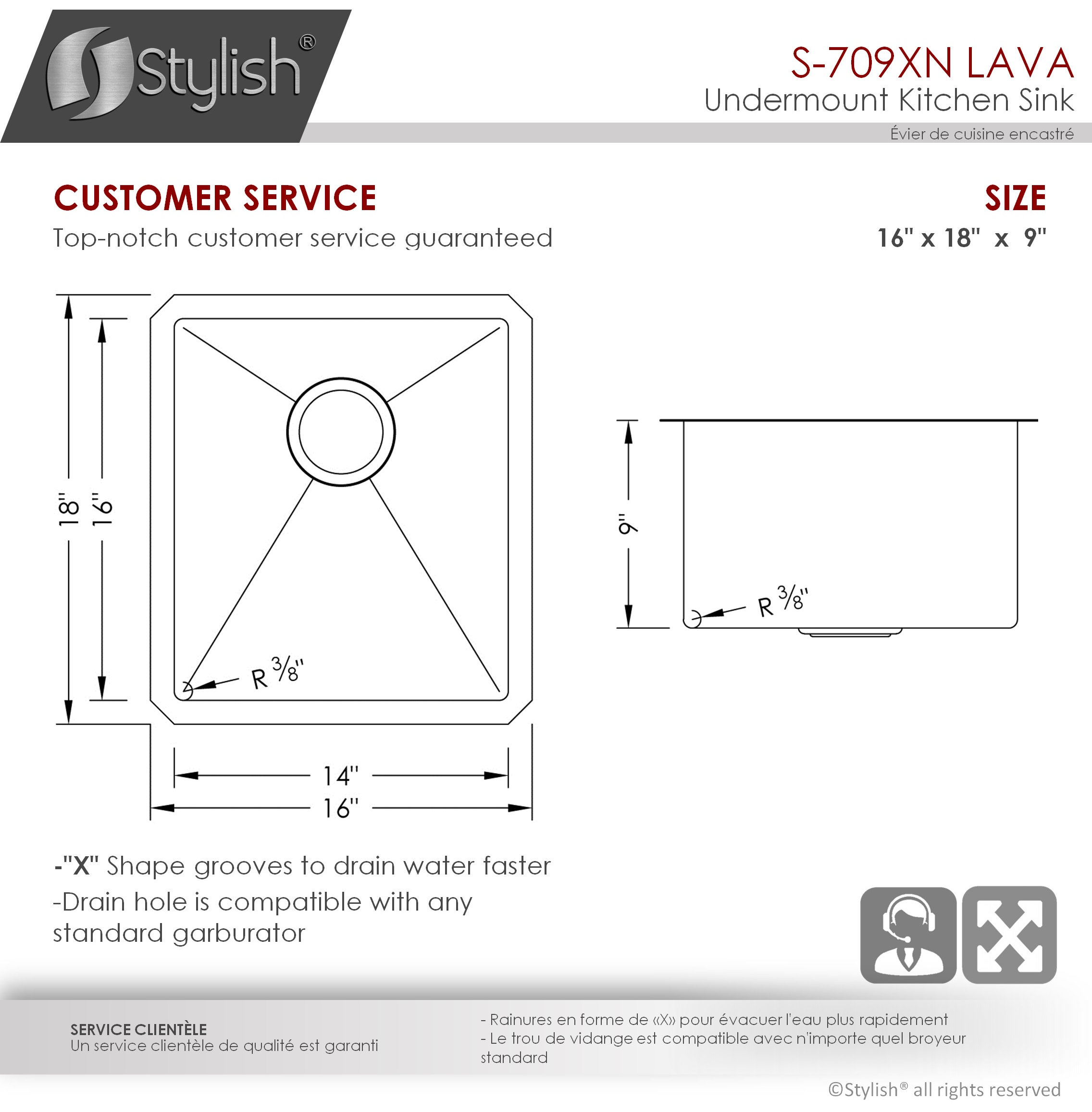 STYLISH 16in Graphite Black Single Bowl Undermount Stainless Steel Kitchen Sink
