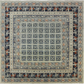 Square Antiqued Pazyryk Historical Design Hand Knotted Oriental Rug, 10'