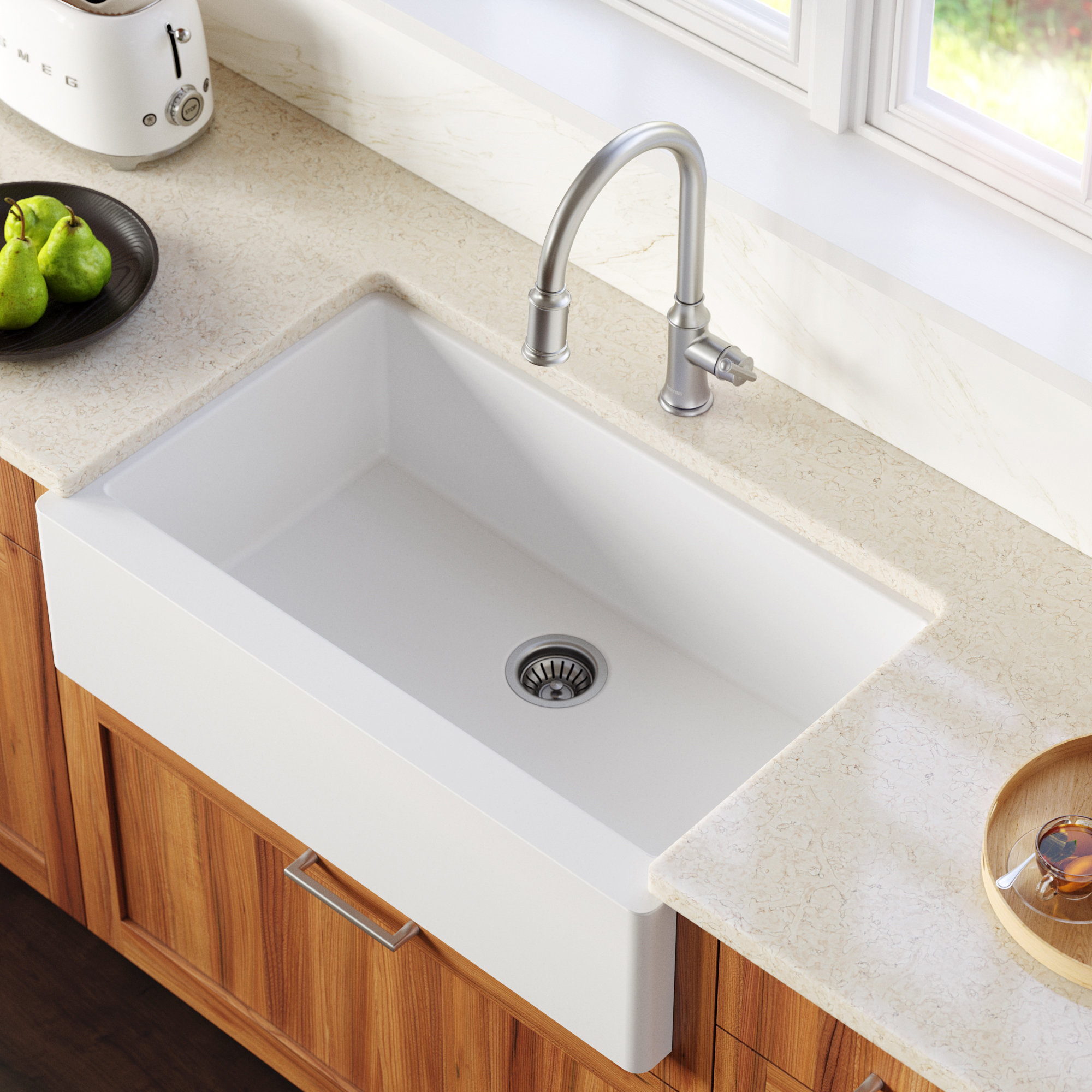 Karran Farmhouse/Apron-Front Quartz 34" Single Bowl Kitchen Sink, White