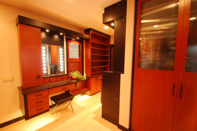 Bathroom - large contemporary master bathroom idea in Other with flat-panel cabinets, medium tone wood cabinets and beige walls
