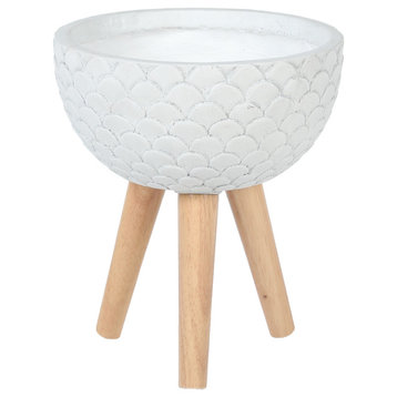 Scallop Embossed White 12.2 in. Round MgO Planter with Wood Legs