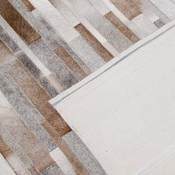 Patchwork Cowhide Rug Stripes Design in White, Gray and Beige