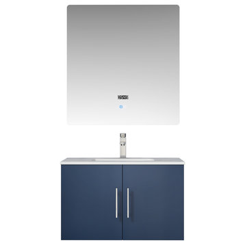 Geneva 30" Navy Blue Single Vanity,Marble Top,and 30" LED Mirror,Faucet