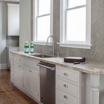 Grey Herringbone Tile Kitchen Backsplash