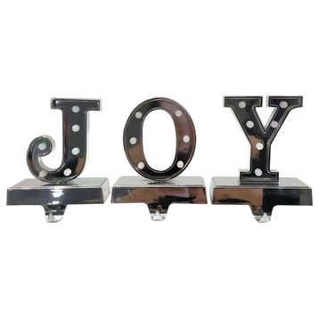 Set of 3 Silver LED Lighted "JOY" Christmas Stocking Holder 6.5"