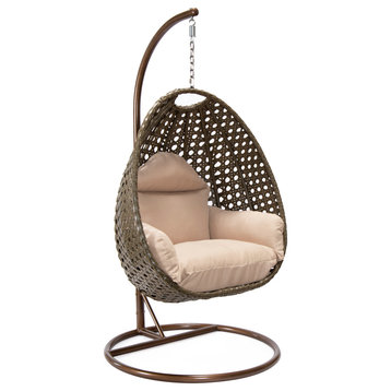 LeisureMod Beige Wicker Hanging Egg Swing Chair With Stand and Cushion, Beige