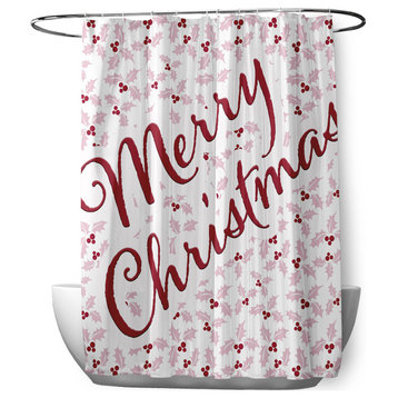 70"Wx73"L Merry Christmas With Holly Shower Curtain, Light Pink