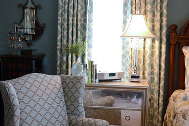 Mid-sized elegant master carpeted and beige floor bedroom photo in Other with gray walls