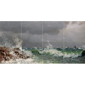 Tile Mural Seascape waves sea cliff gulls Backsplash 6" Marble