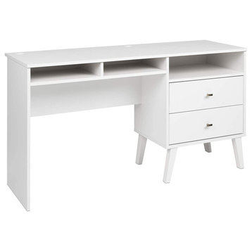 Retro Modern Desk, Open Cubbies and Drawers With Brushed Brass Knobs, White