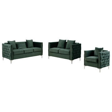 Bayberry Velvet Sofa Loveseat Chair Living Room Set, Green