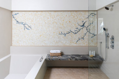 Bathroom - huge contemporary master mosaic tile travertine floor and beige floor bathroom idea in Phoenix with beige walls and quartzite countertops