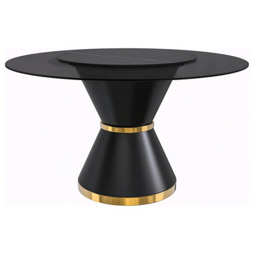 LeisureMod Qorvus Dining Table with 60" Top and Black/Gold Pedestal Base, Black