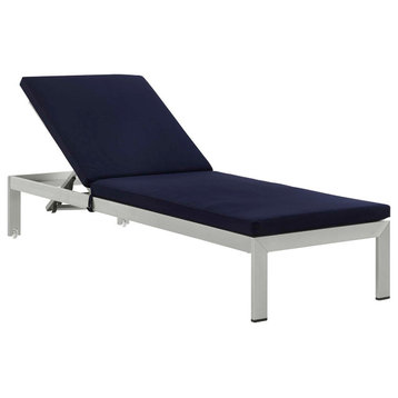Shore Outdoor Patio Aluminum Chaise with Cushions, Silver Navy