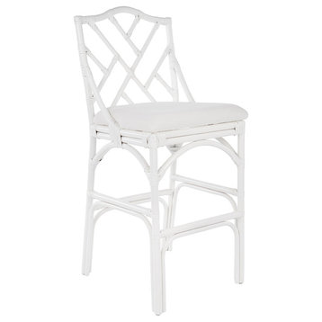 Chippendale Rattan Stool, White With Off-White Upholstery, Bar Stool