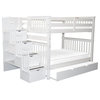 Bedz King Pine Wood Full over Full Stairway Bunk Bed with Full Trundle in White