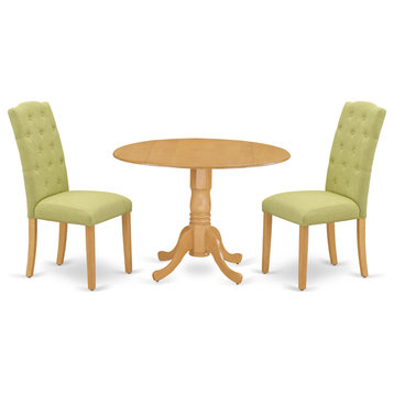 3Pc Dinette Set, Small Rounded Table, Drop Leaves, Two Chairs, Oak