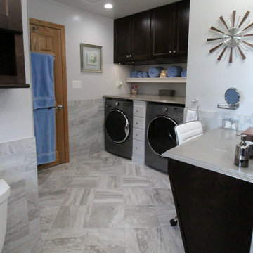 Master Bathroom with dressing table, washer and dryer.