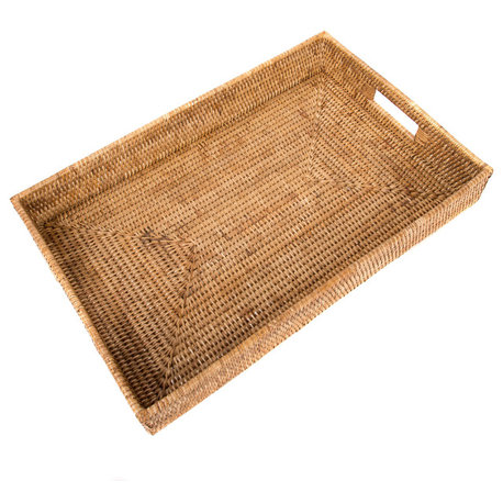 Artifacts Rattan Rectangular Tray With Cutout Handles, Honey Brown, Medium