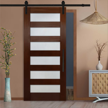 6 Lite Mahogany (Walnut Stain) Sliding Barn Door with Glass Insert, Frosted Glas