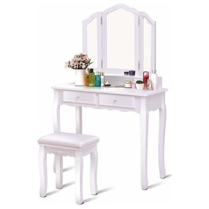 Gymax Vanity Makeup Dressing Table Stool Set W/ Folding Mirror 4 Drawers -  Traditional - Bedroom & Makeup Vanities - by Dot & Bo | Houzz