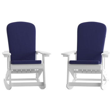 Savannah Set of 2 All-Weather Adirondack Rocking Chairs with Cushions, White/Blu