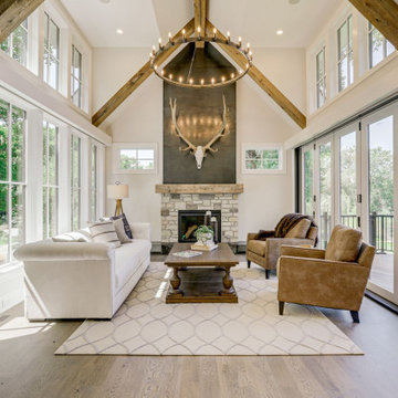 Reclaimed Wood Beams and Mantel in Lakeside Sunroom