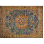 Bareens Designer Rugs - Vintage Solis Blue/Yellow Wool Rug - 9'8'' x 12'4'' - A mesmerizing addition to any decor, this brand-new hand knotted vintage wool rug featuring vibrant colors and a traditional design is made by skilled artisans capable of creating the most exceptional Persian knotted rugs. Harnessing the natural energy of the sun, each rug is organically neutralized from its original color, distressed and then saturated in an infusion of a bold vibrant color pallet to give it a fresh perspective and modern appeal. This masterpiece draws its inspiration from traditional and timeless rug designs, which provides both harmony and contrast bringing a phenomenal twist in any decor. An intricate design and exquisite coloration make this wool rug a standout piece for any room.