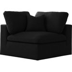 Meridian Furniture - Serene Linen Textured Fabric Deluxe Comfort Modular Corner Chair, Black - There's lots to love about the Serene linen textured deluxe cloud-like comfort modular collection, and this piece is not an exception. The soft black linen textured fabric is cozy and sleek to the touch while the overstuffed down/feather cushions provide gentle support so you can relax and unwind like a VIP. Customize your seating with this modular set by adding the pieces you like most. Latches under each piece make it easy to snap them into position for a look that's modern yet welcoming.
