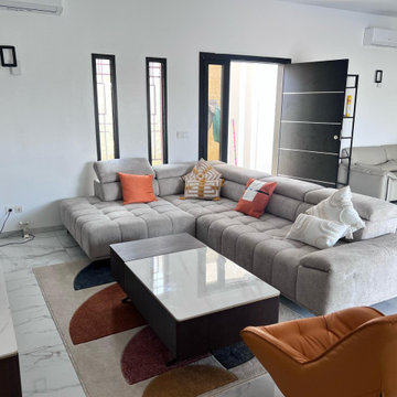 Bright Open Living Room – Modular Sectional Sofa & Integrated Coffee Table Set