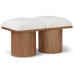 Meridian Furniture - Pavilion Black Boucle Fabric Bench, Cream, Walnut Brown Finish, 31" W X 18" D X 17.5" H - Bring valuable seating and remarkable style to your space with this cream Pavilion boucle fabric bench, an exquisite balance of style and usability for the entryway, bedroom, and beyond. Crafted from oak veneer with a walnut brown finish, this bench has a 4-inch-thick seat cushion that's channel-tufted for a touch of luxury. The bench's columnar bases add a dash of art deco design, making it a captivating focal point in any room.