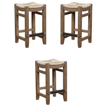 Home Square 26H Wood Counter Height Stool with Rush Seat in Brown - Set of 3