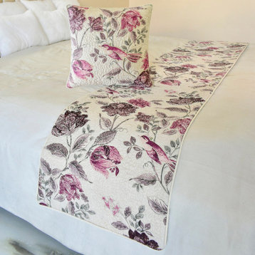 Decorative Pink Cotton CA King 86"x18" Bed Runner, Quilted Vintage Birdie