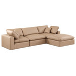 Meridian Furniture - Comfy Upholstered L-Shaped Modular Sectional, Tan, 4-Piece: 1 Armless Chair, 2 Corner Chair, 1 Ottoman, Vegan Leather - Give your space a whole new look with this tan Comfy vegan leather sectional. This handsome sectional fits nicely with other items in the Comfy collection and is a versatile seating option designed for adaptability, comfort and style. Wrapped in rich tan durable vegan leathered upholstery, this sectional offers a plush embrace of overstuffed down feather cushions, carefully crafted to deliver the highest level of comfort. The perfect seat for creating an oasis for relaxation, this sectional has thick foam surrounding its frame for added support and coziness.