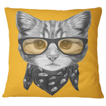 Funny Cat With Glasses and Scarf Animal Throw Pillow, 16"x16"