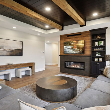 Weathered Antique Box Beams on a Dark Shiplap Tray Ceiling