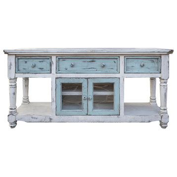 70" Blue and White Solid Wood Open shelving Distressed TV Stand
