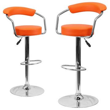 Set of 2 Bar Stool, Chrome Base With Round Vinyl Seat & Curved Open Back