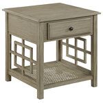 OSP Home Furnishings - Cambridge Accent Side Table With Drawer - Our fretwork with cane accent table with drawer, recalls the timelessness of mid-century design with a tailored profile and streamlined shape that works well in any room. This side table offers plenty of display opportunities and storage space on cane shelving, accessories drawer, and top surface. Flank a pair of tables next to a sofa to stage lamps, a small plant and your favorite book.  Crafted of solid wood and veneers, this multipurpose piece epitomizes the clean, architectural lines of modern design. Slim profile and elegant fretwork paired with cane detail elevates the table's seamless style. Simple, burnished drawer pull adds a counterpoint to the beautiful proportions.