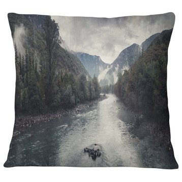 Mountain River with Fog and Rain Modern Seascape Throw Pillow, 16"x16"