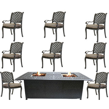 9-Piece Fire Pit Dining Table and Chairs Cast Aluminum Patio Furniture Set