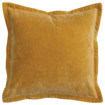 Cotton Velvet Pillow Cover with Patterned Flanged Edge, Mustard, Poly Insert
