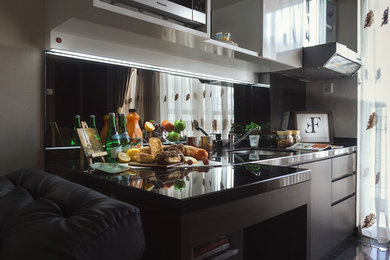 Example of a small minimalist single-wall marble floor eat-in kitchen design in Other with an undermount sink, open cabinets, dark wood cabinets, marble countertops, gray backsplash, mirror backsplash and an island