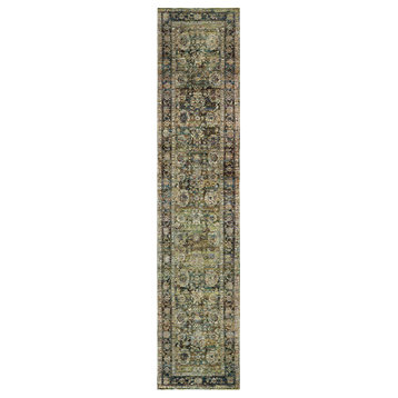 Adeline Distressed Floral Traditions Green and  Multi Area Rug, 2'6"x12'